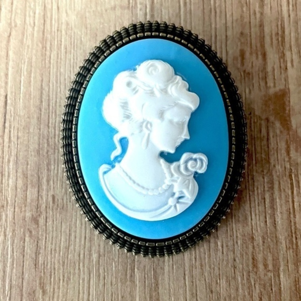 Blue and White Lady Cameo Victorian Style Brooch, Pastel Goth, NWT